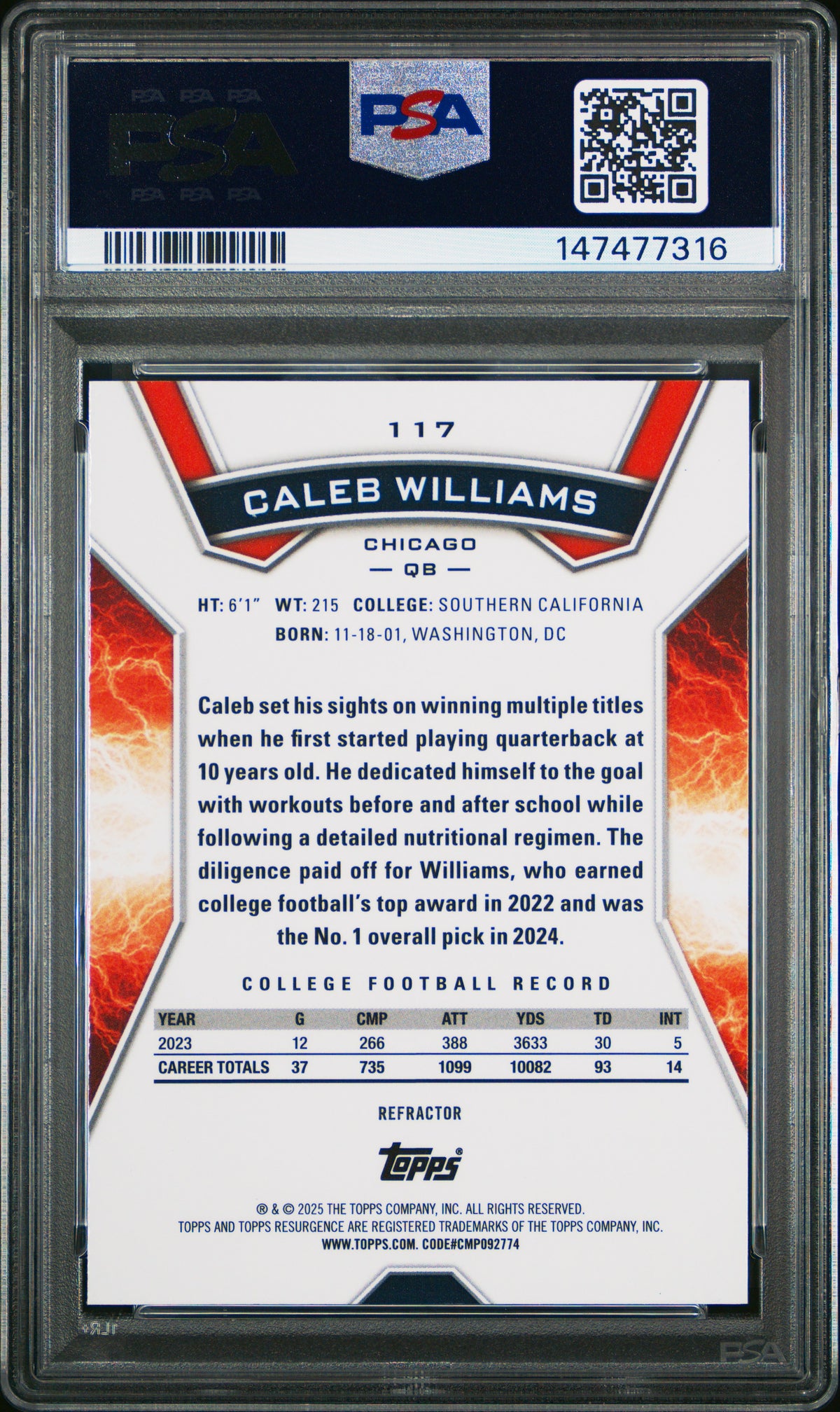 Caleb Williams 2024 Topps Resurgence Refractor Rookie Card #117 PSA 10-Powers Sports Memorabilia