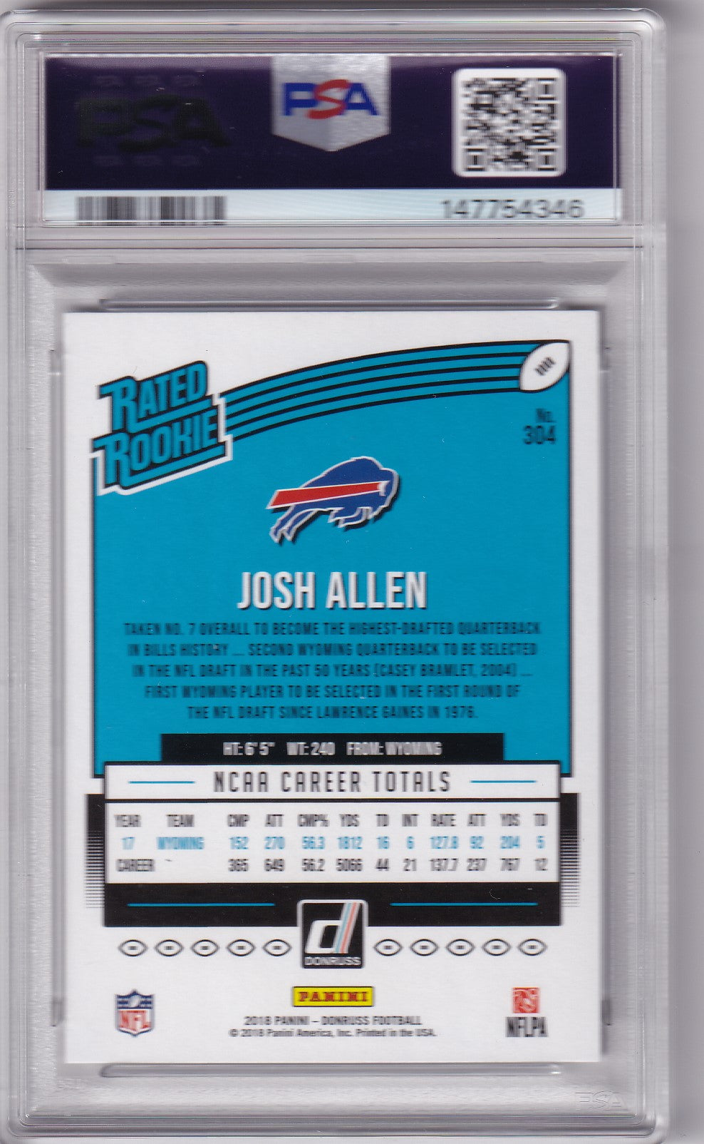 Josh Allen 2018 Panini Donruss Bills Rookie Card #304 PSA 8