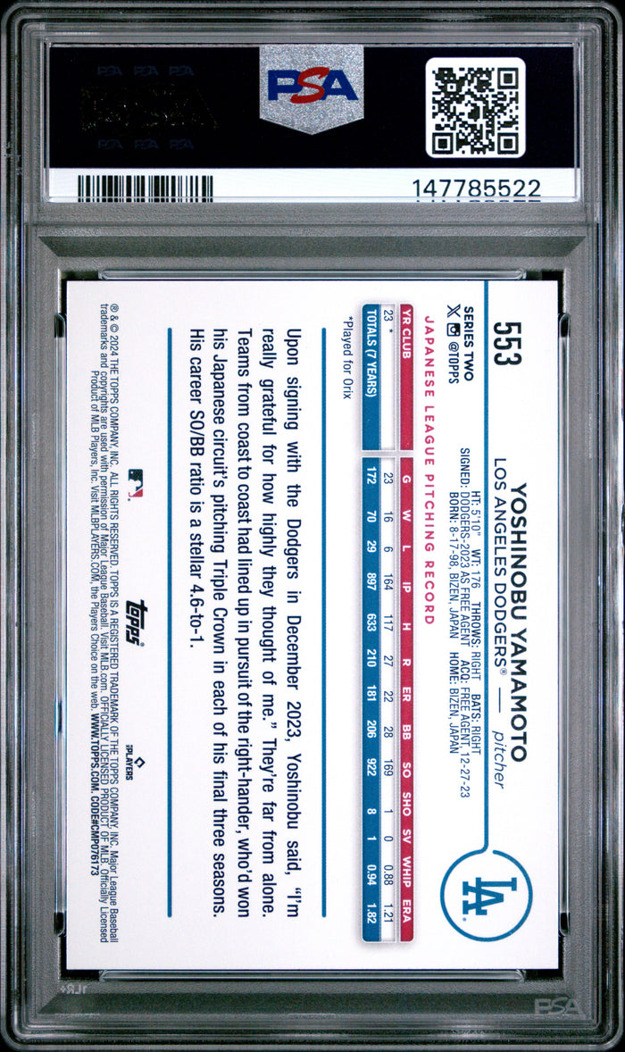 Yoshinobu Yamamoto 2024 Topps Blue RC Rookie Card #553 PSA 9