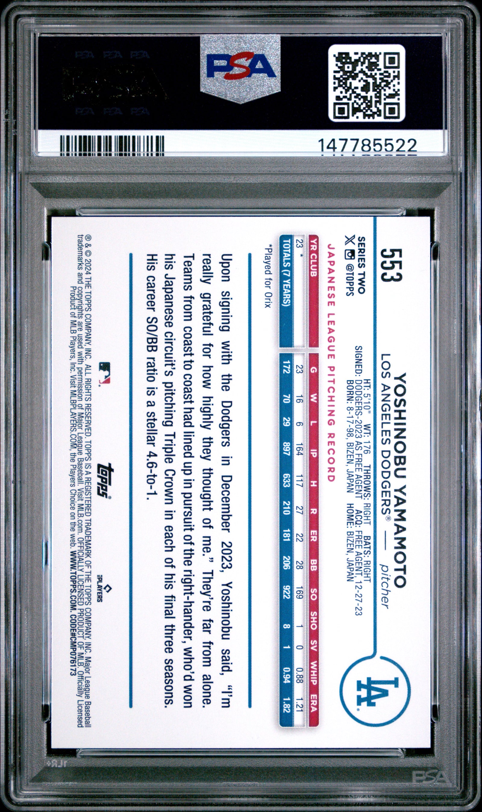 Yoshinobu Yamamoto 2024 Topps Blue RC Rookie Card #553 PSA 9-Powers Sports Memorabilia