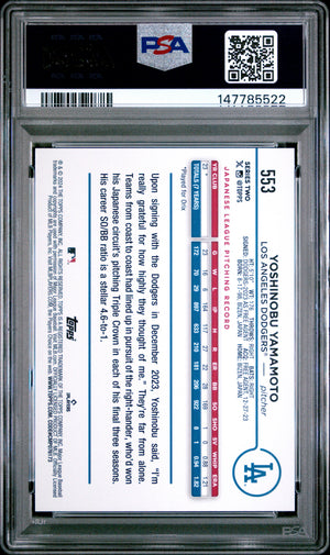 Yoshinobu Yamamoto 2024 Topps Blue RC Rookie Card #553 PSA 9