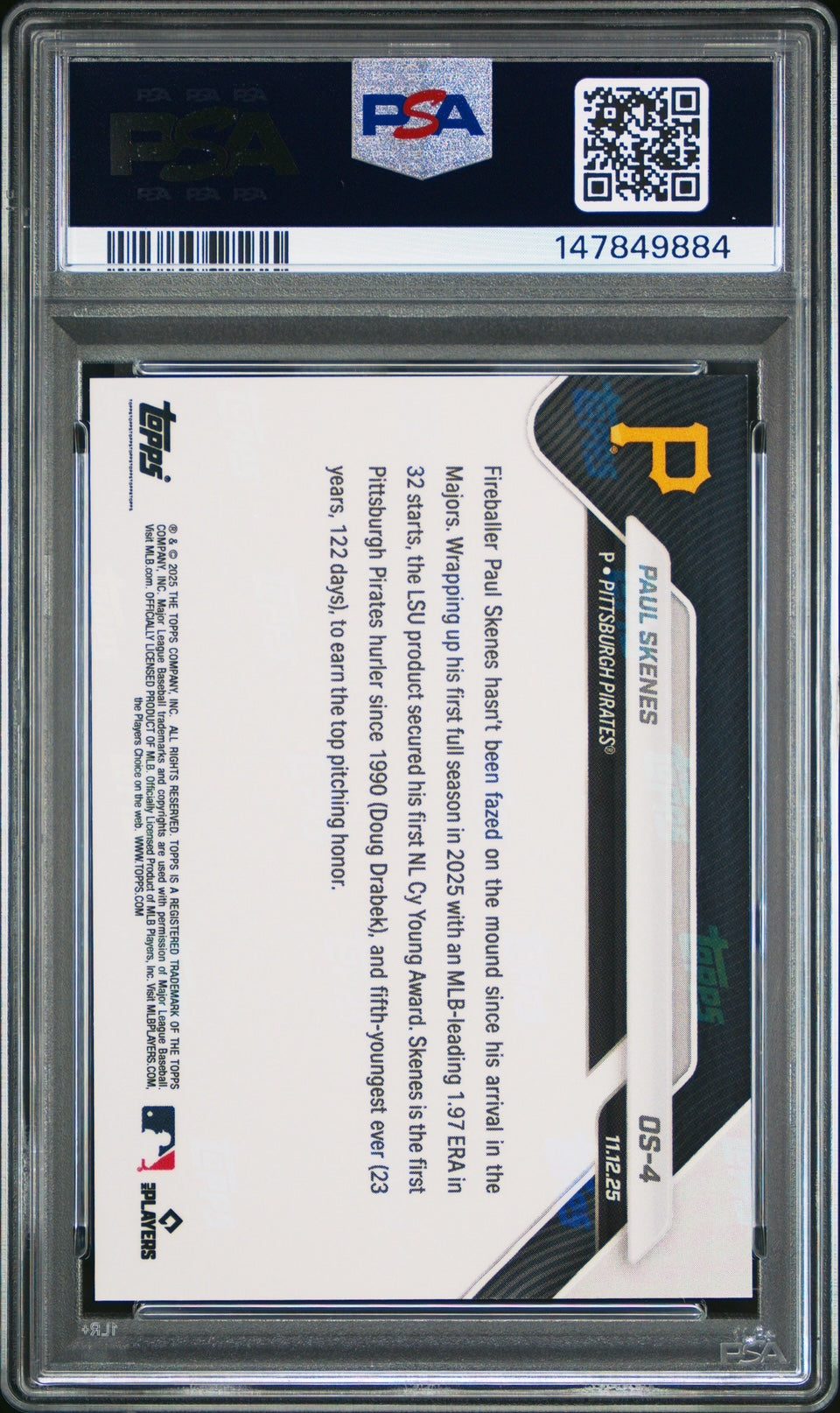 Paul Skenes 2025 Topps Now Offseason NL CY Young Baseball Card #OS-4 Graded PSA 10 Cert #147849884-Powers Sports Memorabilia