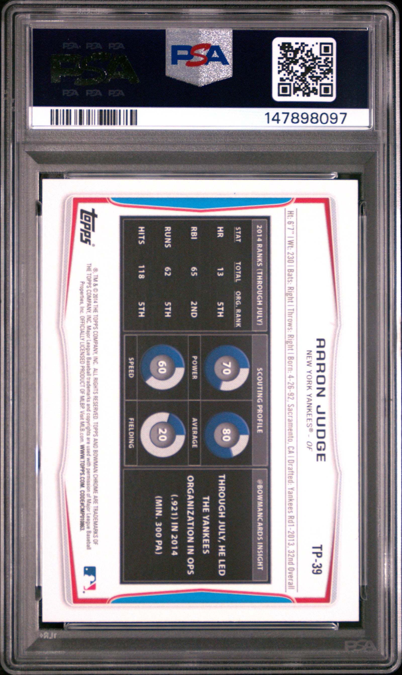 Aaron Judge 2014 Bowman Draft Top Prospects New York Yankees Baseball Rookie Card #TP39 Graded PSA 9 Cert #147898097