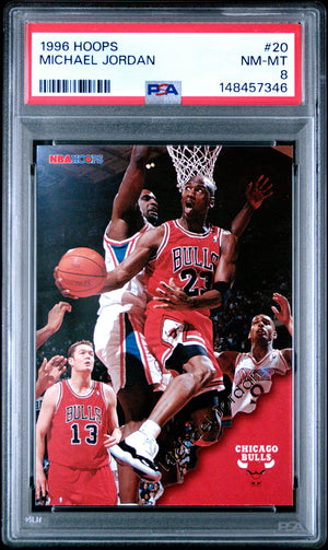 Michael Jordan 1996 Hoops Chicago Bulls Basketball Card #20 Graded PSA 8 Cert #148457346-Powers Sports Memorabilia