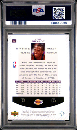 Kobe Bryant 2002 SP Authentic Lakers Card #37 PSA 9
