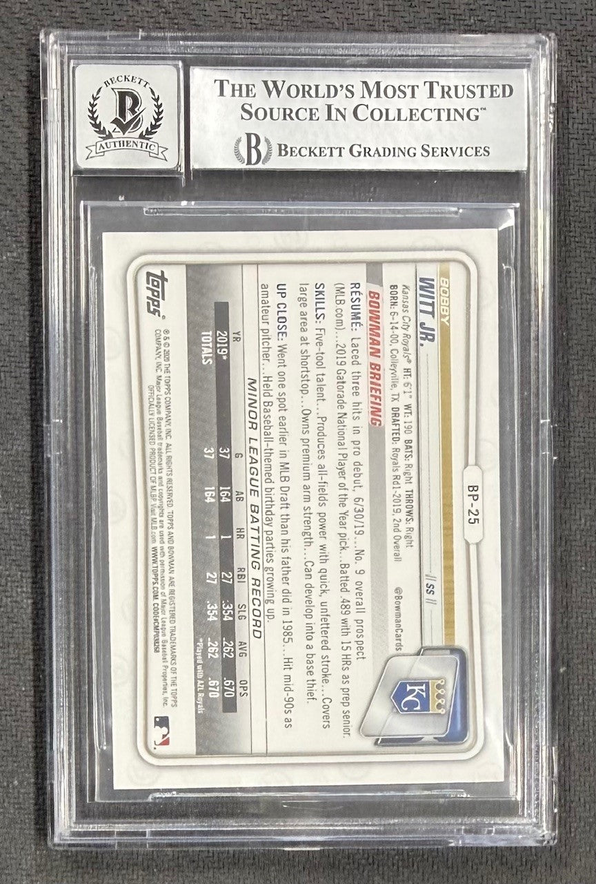 Bobby Witt Jr. 2020 Bowman Prospects 1st Bowman Signed Baseball Rookie Card #BP25 Beckett Auto 10 Cert #14867070-Powers Sports Memorabilia