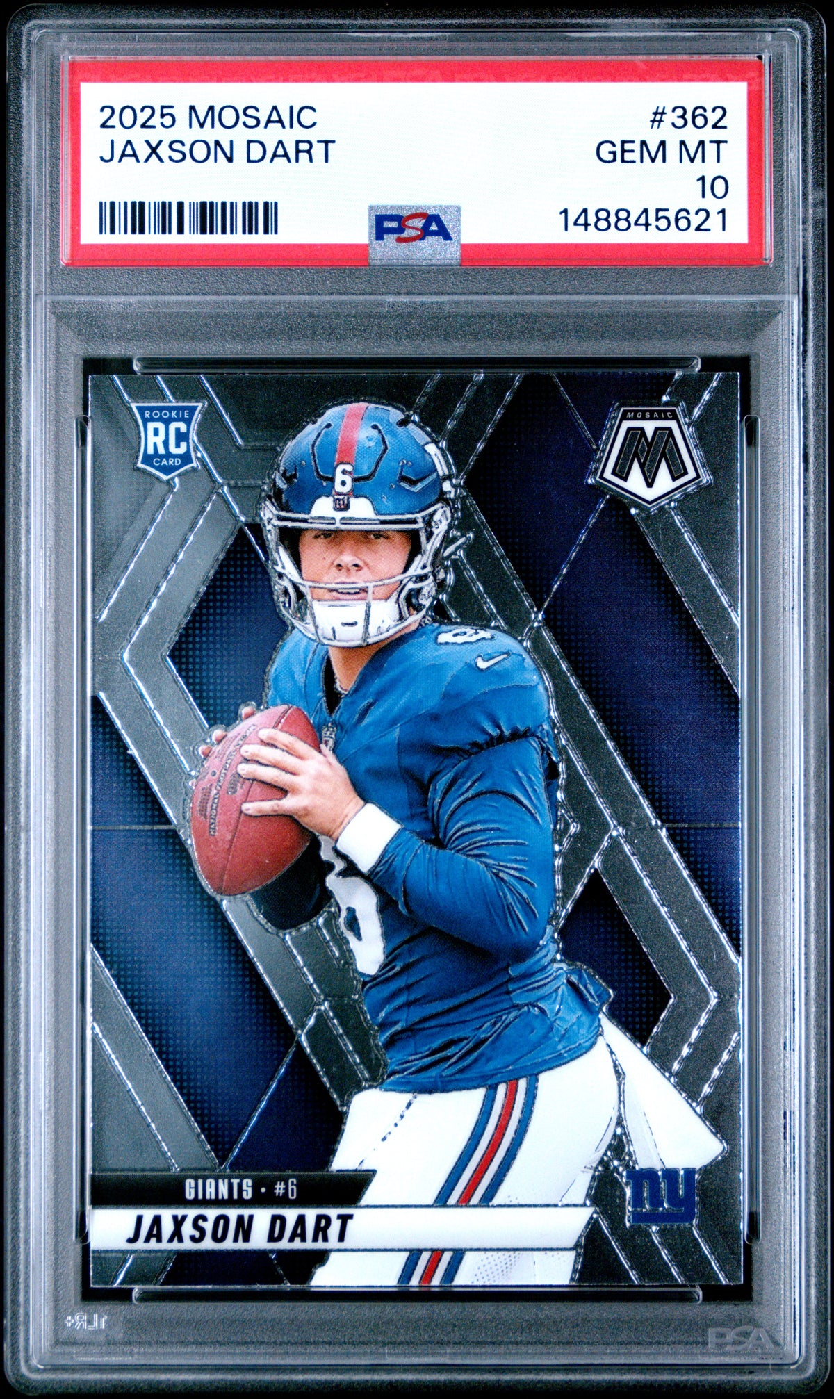 Jaxson Dart 2025 Panini Mosaic New York Giants Football RC Rookie Card #362 Graded PSA 10 Cert #148845621