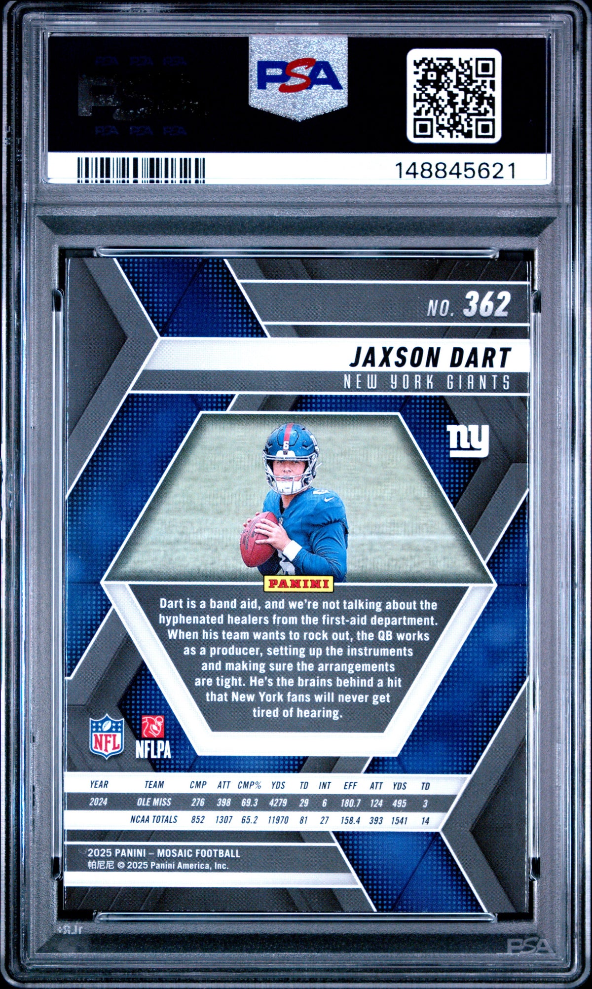 Jaxson Dart 2025 Panini Mosaic New York Giants Football RC Rookie Card #362 Graded PSA 10 Cert #148845621