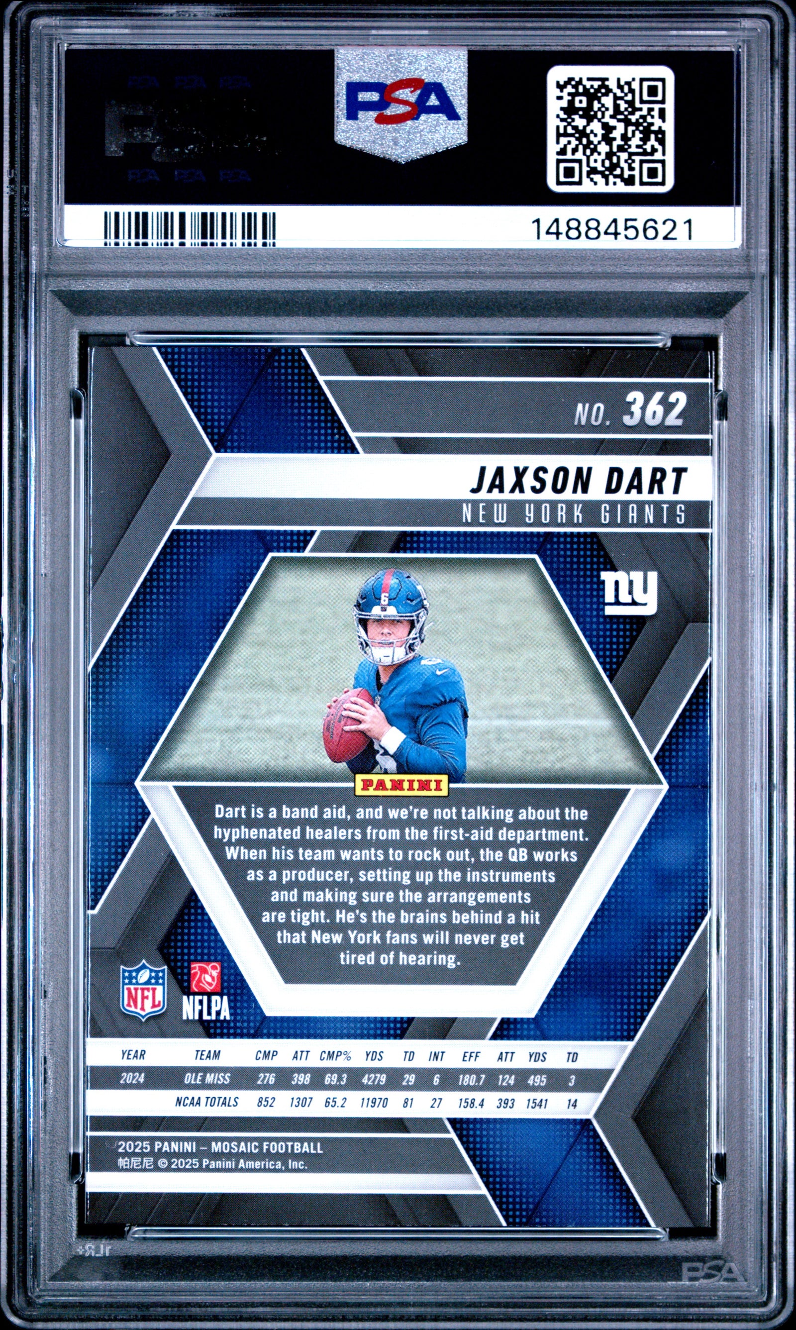 Jaxson Dart 2025 Panini Mosaic New York Giants Football RC Rookie Card #362 Graded PSA 10 Cert #148845621