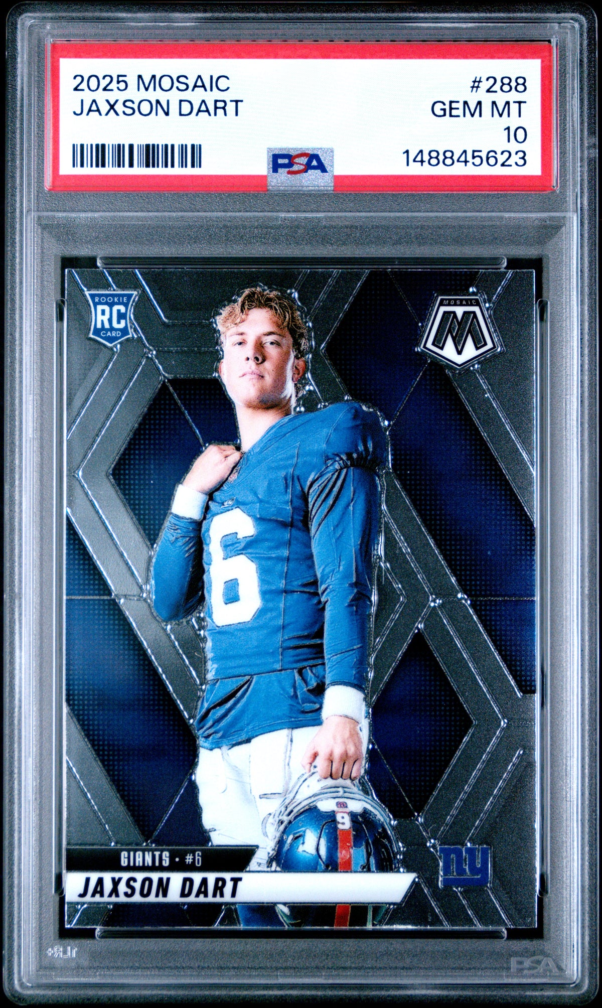 Jaxson Dart 2025 Panini Mosaic New York Giants Football RC Rookie Card #288 Graded PSA 10 Cert #148845623