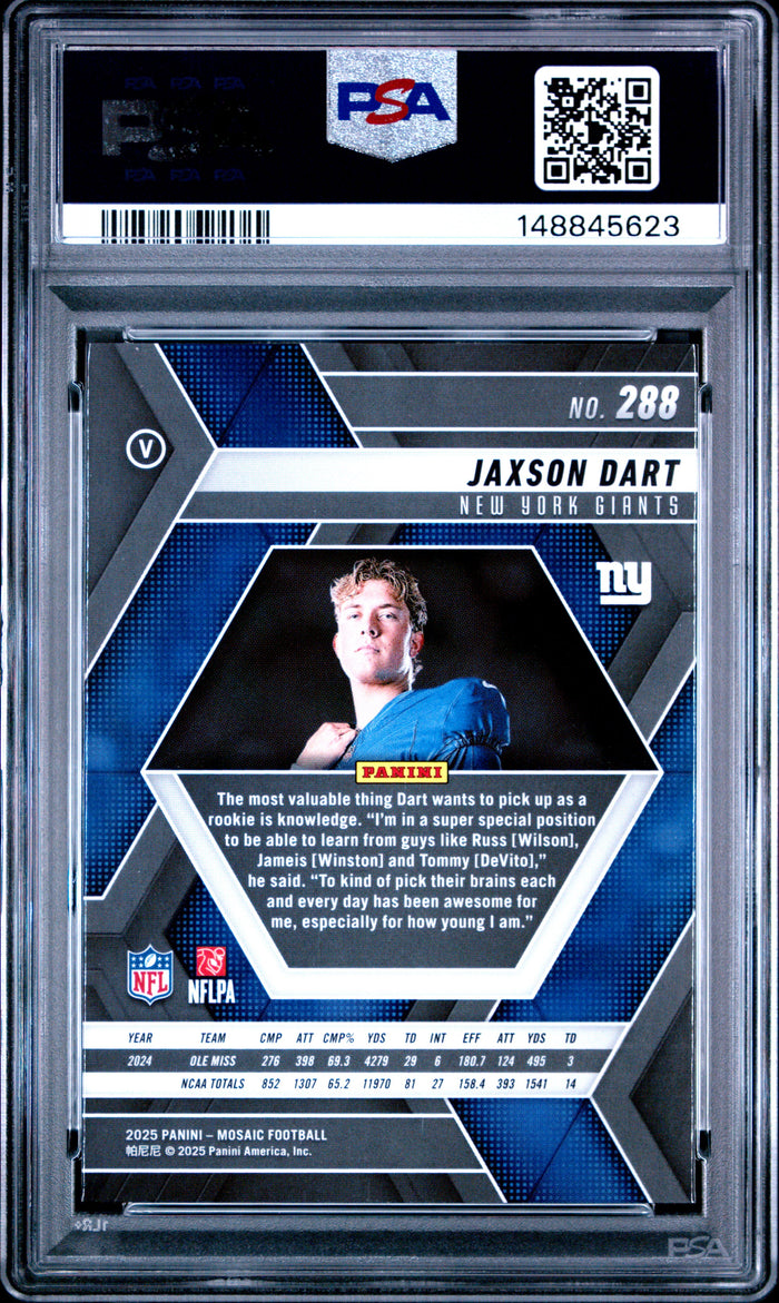 Jaxson Dart 2025 Panini Mosaic New York Giants Football RC Rookie Card #288 Graded PSA 10 Cert #148845623-Powers Sports Memorabilia