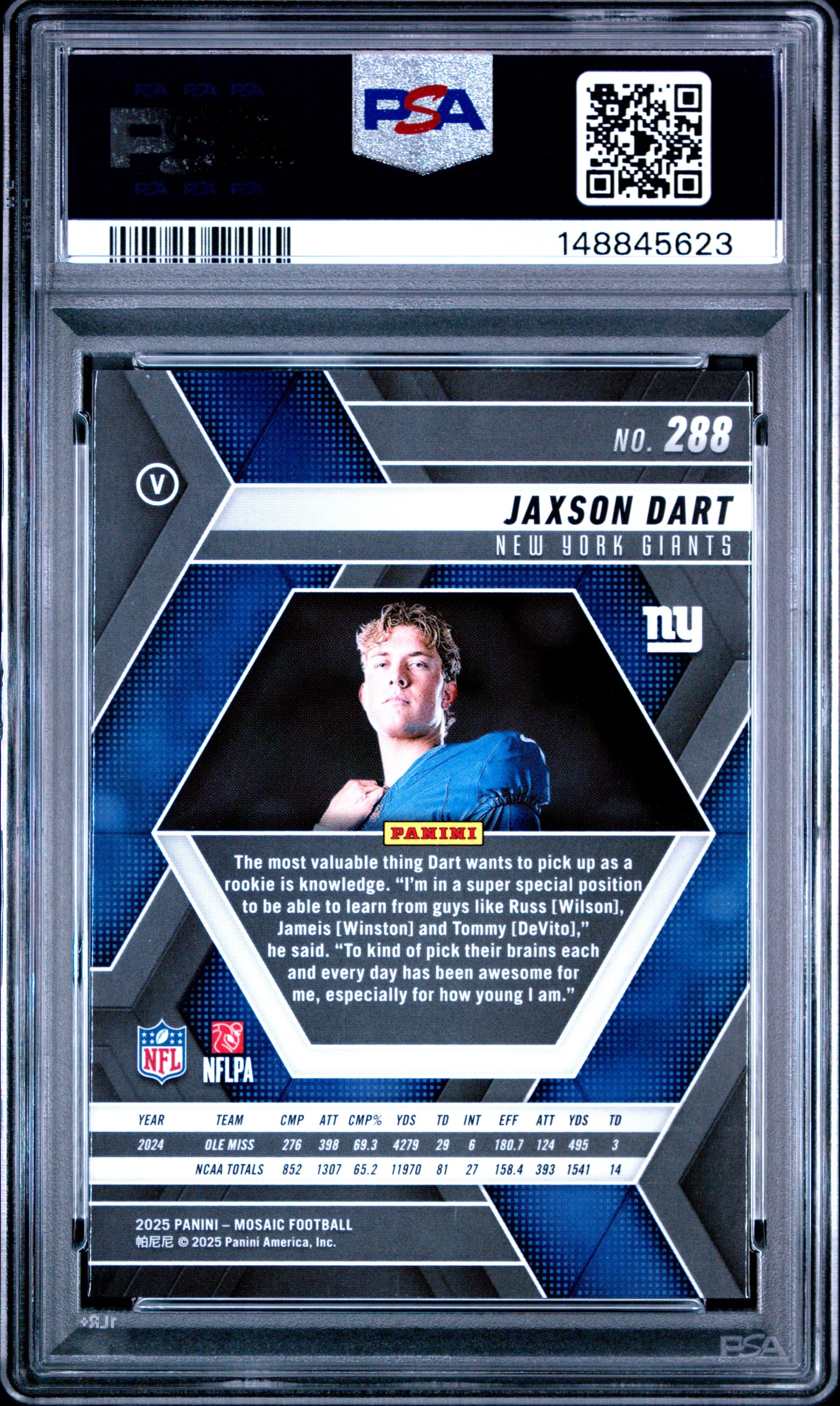 Jaxson Dart 2025 Panini Mosaic New York Giants Football RC Rookie Card #288 Graded PSA 10 Cert #148845623