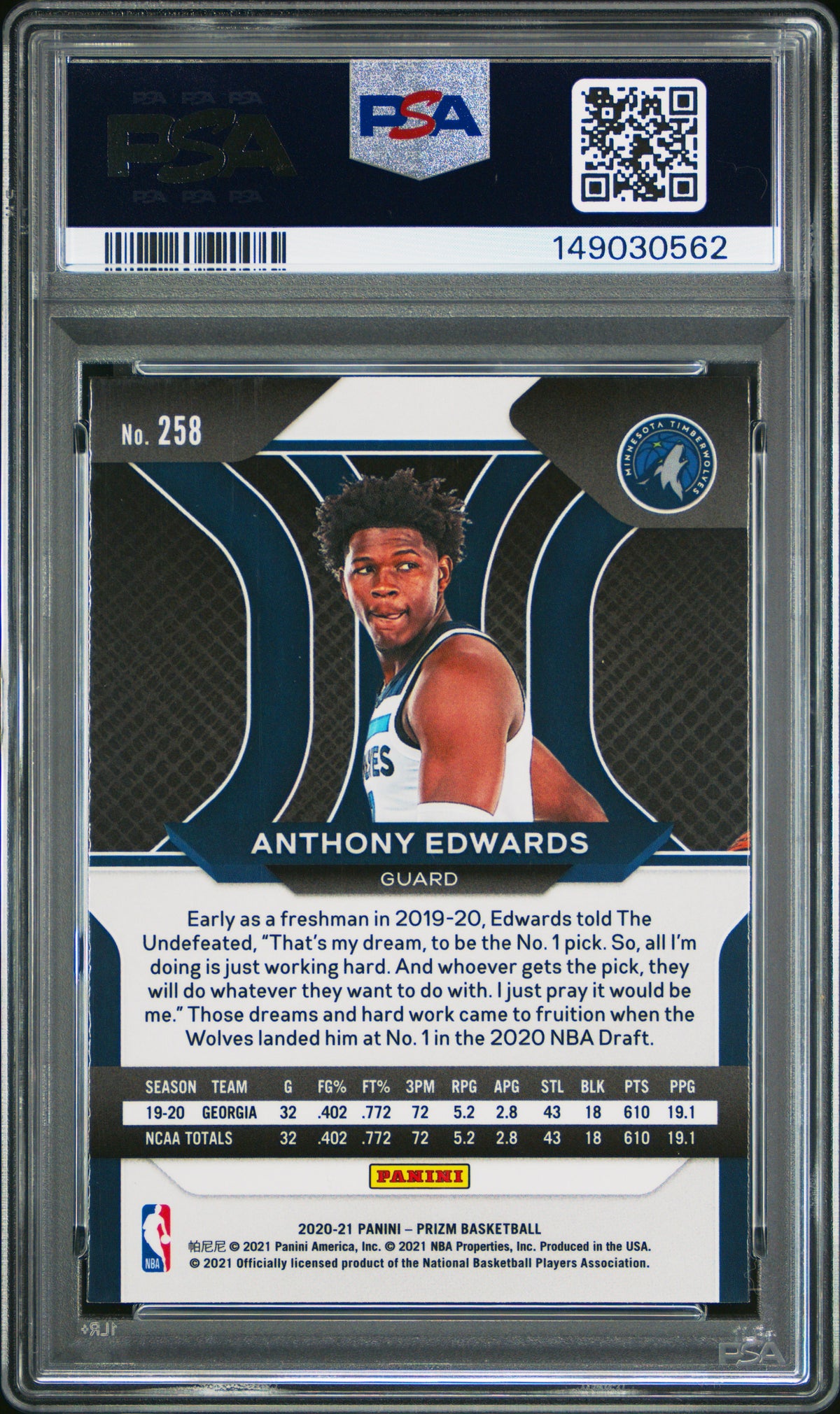 Anthony Edwards 2020 Panini Prizm Minnesota Timberwolves Basketball Rookie Card #258 Graded PSA 9 Cert #149030562-Powers Sports Memorabilia