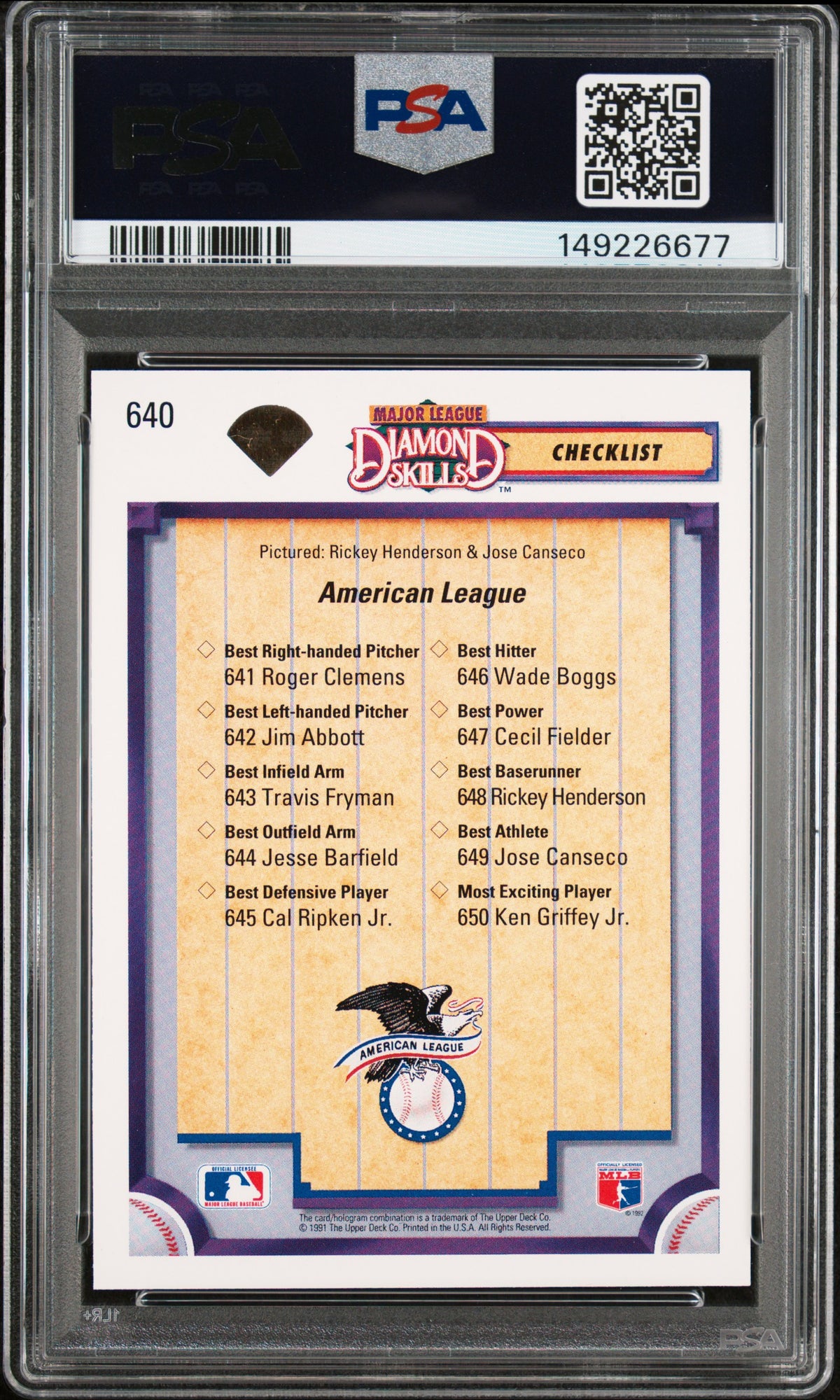 Jose Canseco Rickey Henderson 1992 Upper Deck Card #640 PSA 10