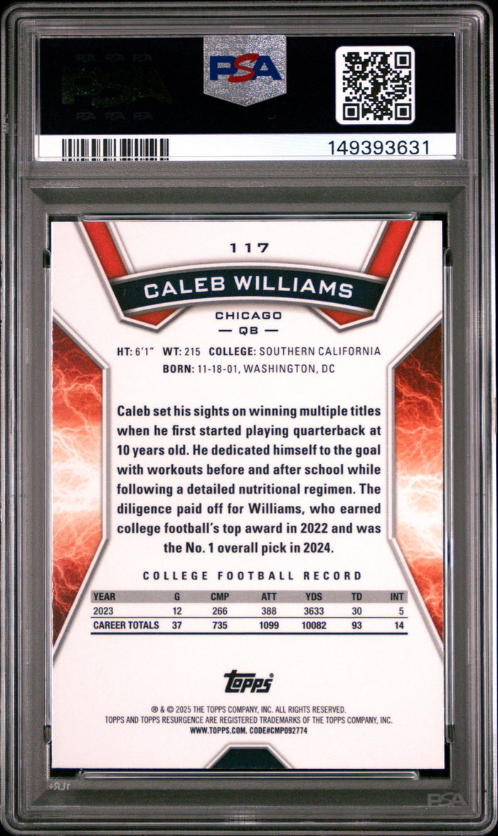 Caleb Williams 2024 Topps Resurgence Blue & Orange Spark Chicago Bears Football RC Rookie Card #117 Graded PSA 9 Cert #149393631-Powers Sports Memorabilia
