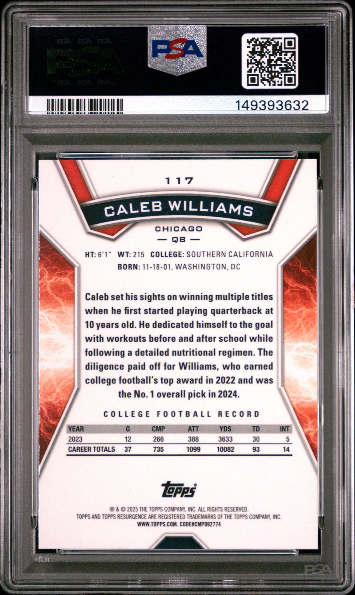 Caleb Williams 2024 Topps Resurgence Blue & Orange Spark Chicago Bears Football RC Rookie Card #117 Graded PSA 7 Cert #149393632-Powers Sports Memorabilia
