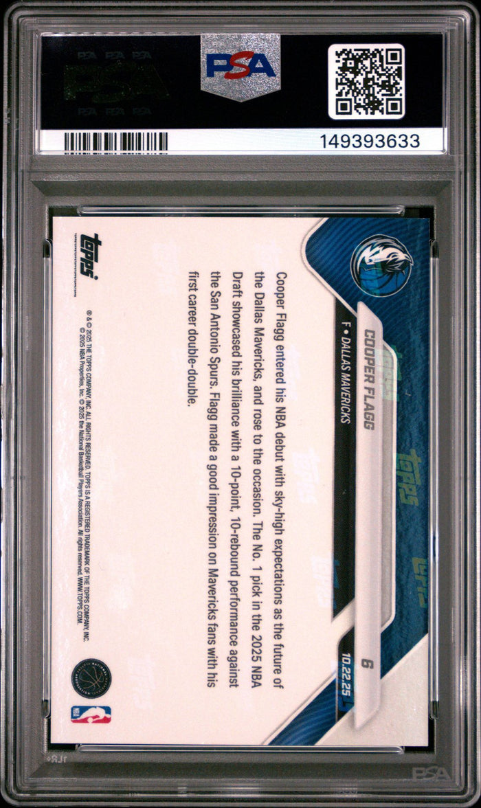Cooper Flagg 2025 Topps Now Dallas Mavericks NBA Debut Basketball RC Rookie Card #6 Graded PSA 10 Cert #149393633-Powers Sports Memorabilia