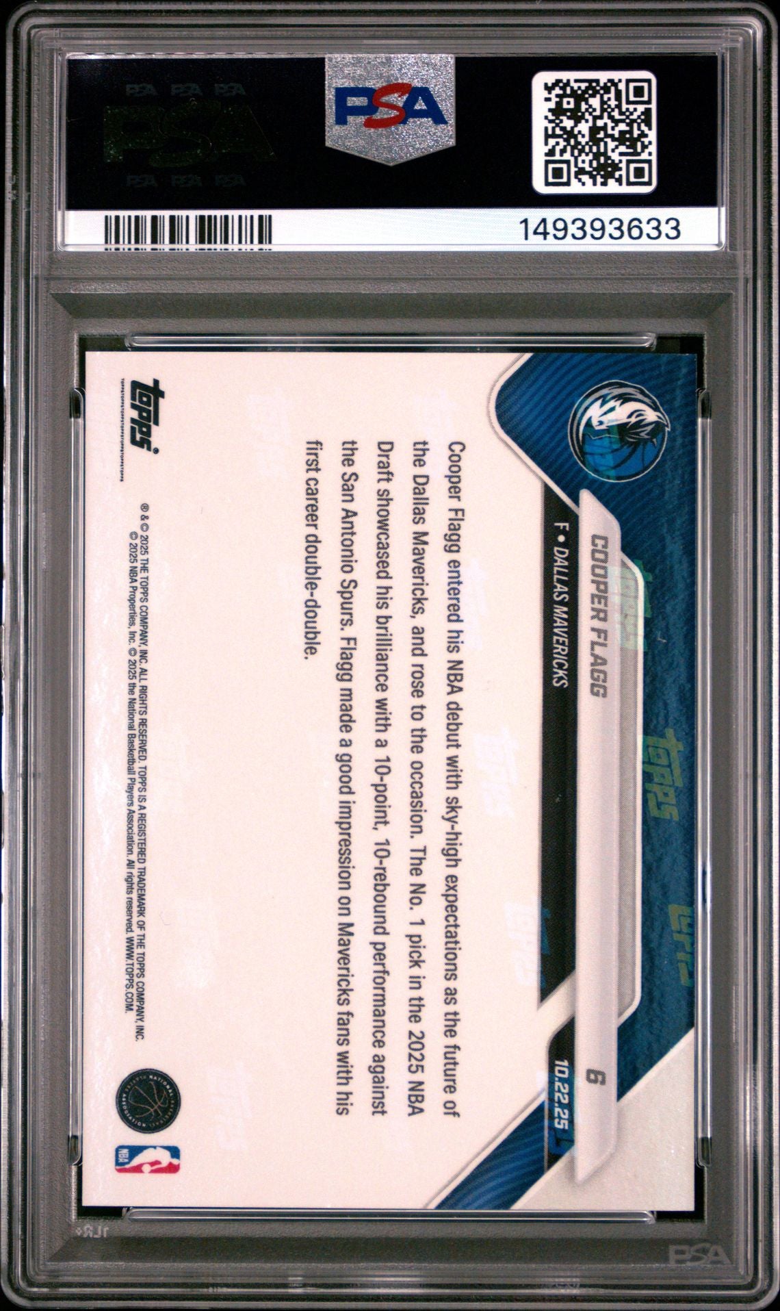 Cooper Flagg 2025 Topps Now Dallas Mavericks NBA Debut Basketball RC Rookie Card #6 Graded PSA 10 Cert #149393633-Powers Sports Memorabilia