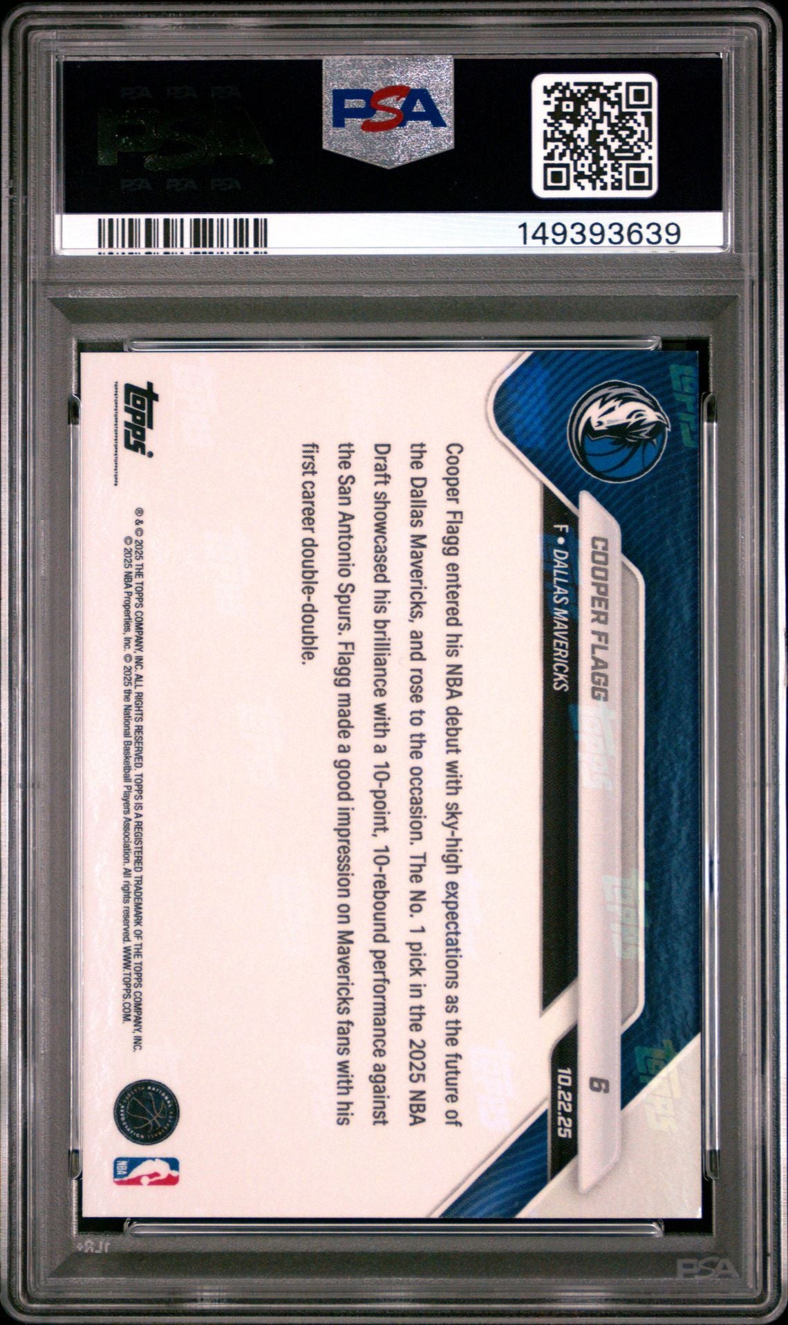Cooper Flagg 2025 Topps Now Dallas Mavericks NBA Debut Basketball RC Rookie Card #6 Graded PSA 9 Cert #149393639-Powers Sports Memorabilia