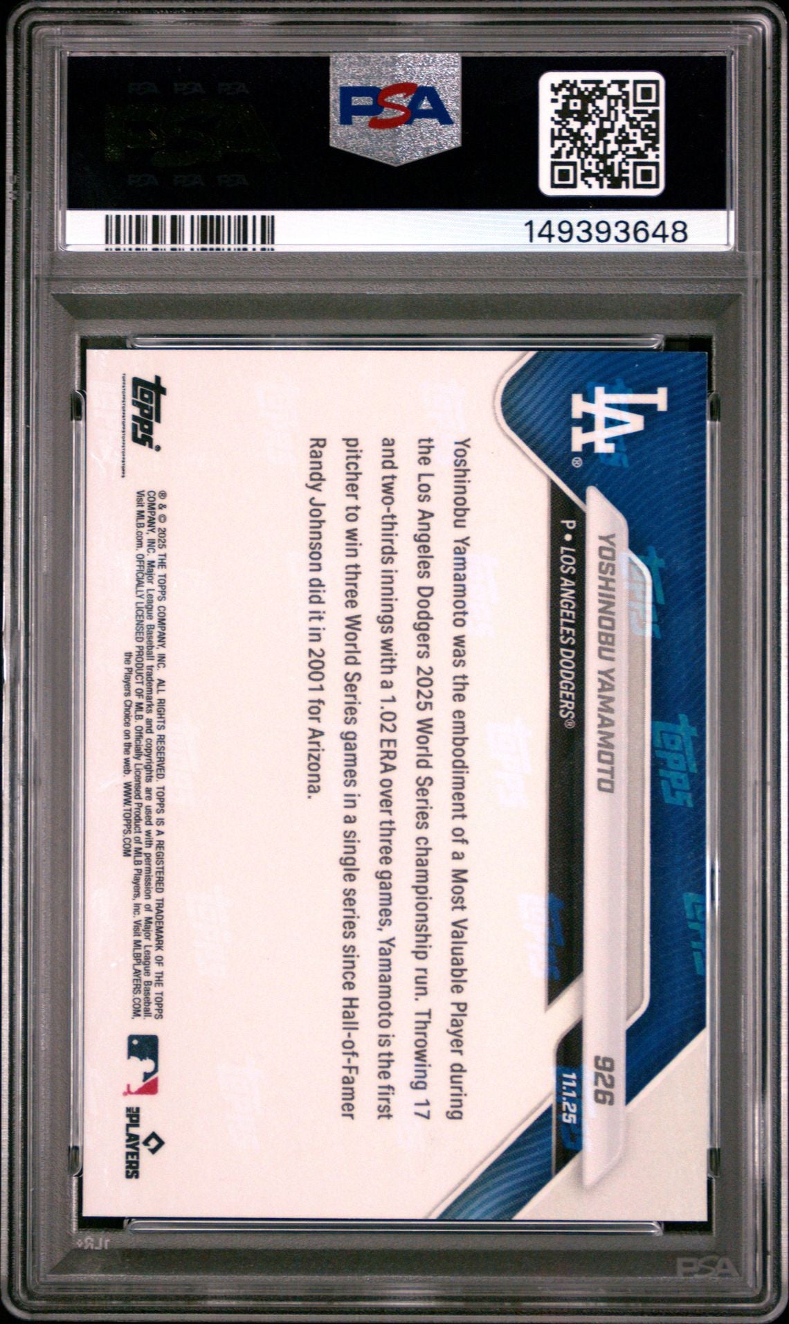 Yoshinobu Yamamoto 2025 Topps Now Los Angeles Dodgers World Series MVP Baseball Card #926 Graded PSA 9 Cert #149393648-Powers Sports Memorabilia