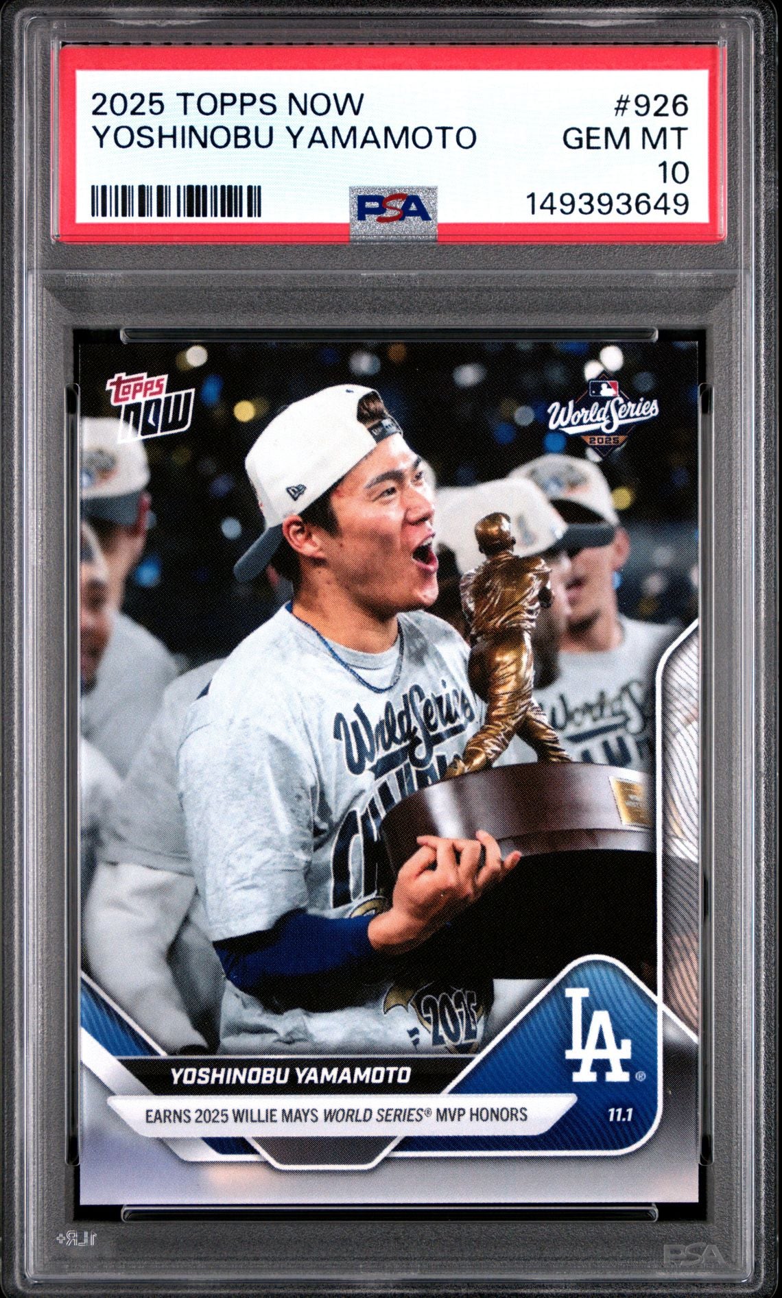 Yoshinobu Yamamoto 2025 Topps Now Los Angeles Dodgers World Series MVP Baseball Card #926 Graded PSA 10 Cert #149393649-Powers Sports Memorabilia