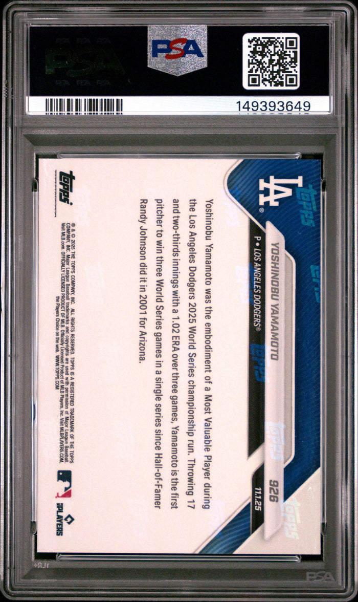 Yoshinobu Yamamoto 2025 Topps Now Los Angeles Dodgers World Series MVP Baseball Card #926 Graded PSA 10 Cert #149393649-Powers Sports Memorabilia