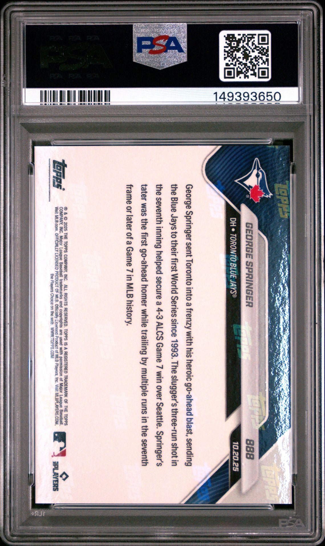 George Springer 2025 Topps Now Toronto Blue Jays ALCS Home Run Baseball Card #888 Graded PSA 8 Cert #149393650-Powers Sports Memorabilia