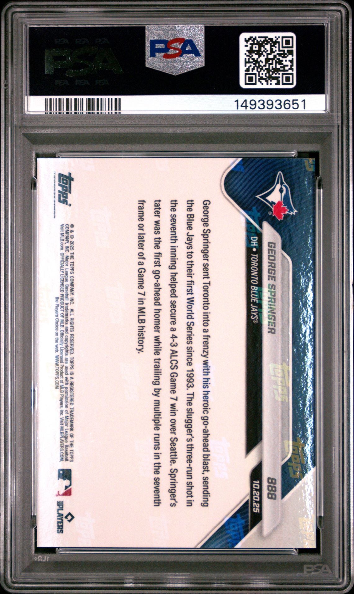 George Springer 2025 Topps Now Toronto Blue Jays ALCS Home Run Baseball Card #888 Graded PSA 10 Cert #149393651-Powers Sports Memorabilia