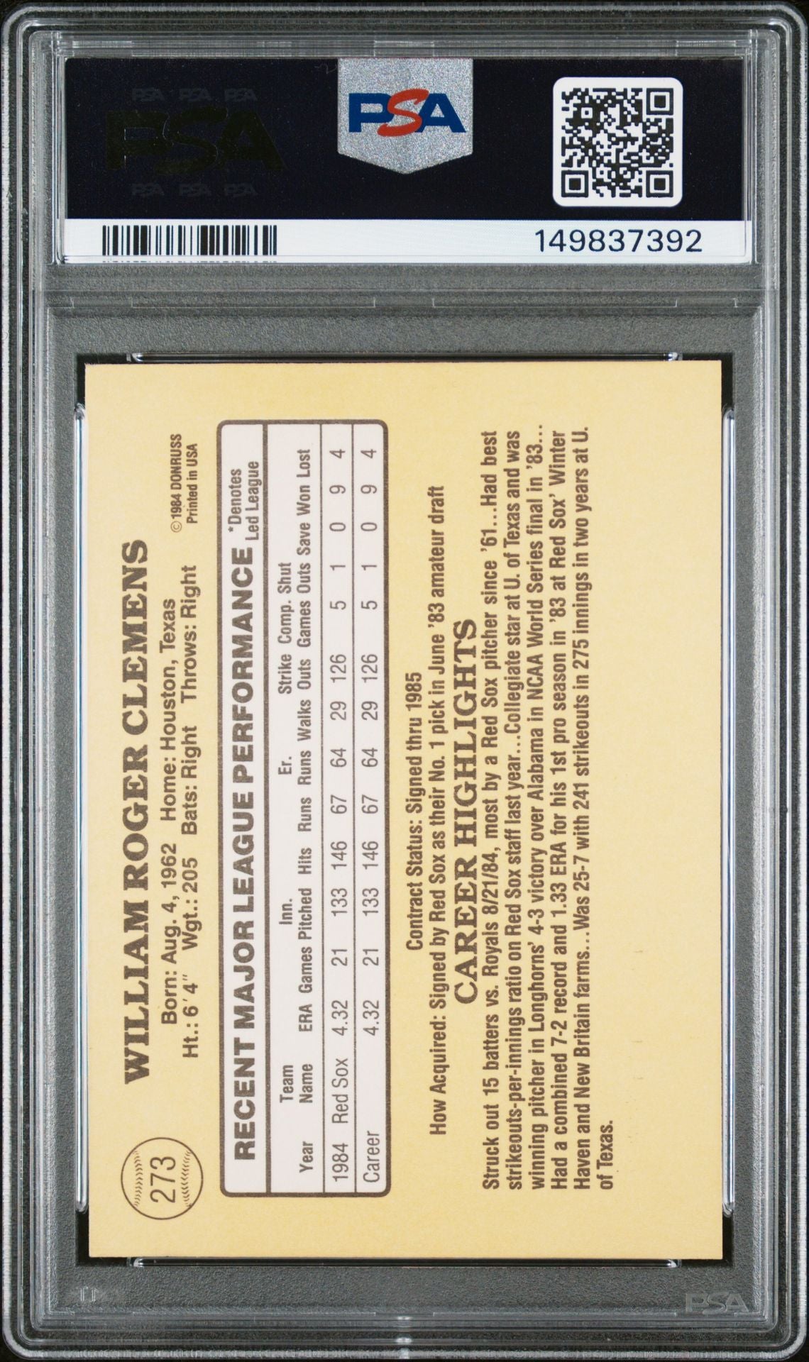 Roger Clemens 1985 Donruss Boston Red Sox Signed Baseball RC Rookie Card #273 Graded PSA Authentic Auto 10 Cert #149837392-Powers Sports Memorabilia