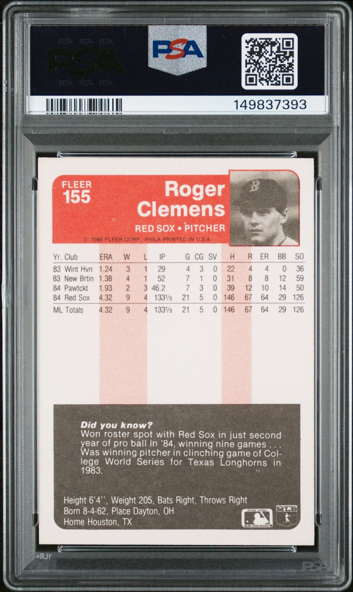 Roger Clemens 1985 Fleer Boston Red Sox Signed Baseball RC Rookie Card #155 Graded PSA 7 Auto 10 Cert #149837393