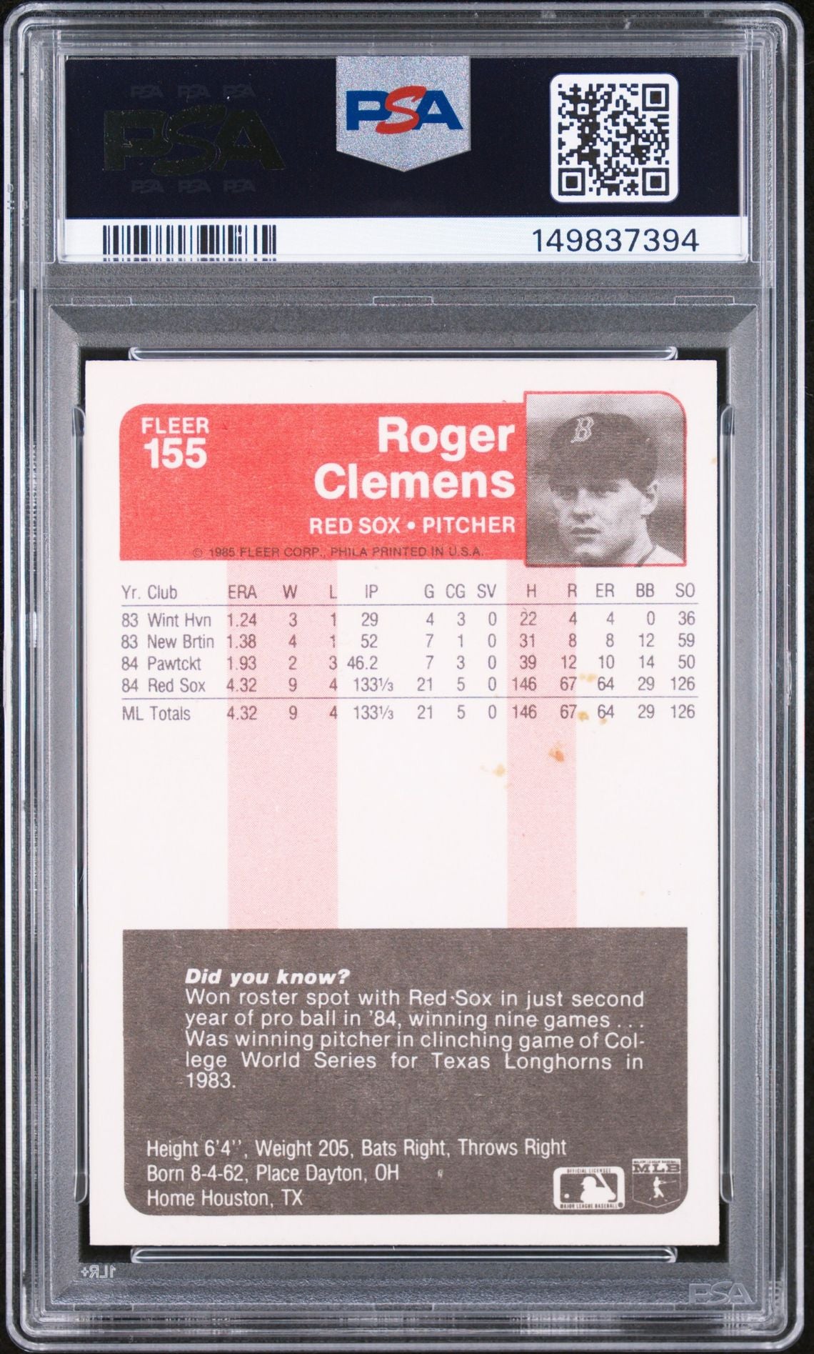 Roger Clemens 1985 Fleer Boston Red Sox Signed Baseball RC Rookie Card #155 Graded PSA 6 Auto 9 Cert #149837394