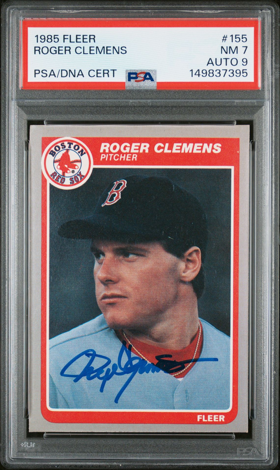 Roger Clemens 1985 Fleer Boston Red Sox Signed Baseball RC Rookie Card #155 Graded PSA 7 Auto 9 Cert #149837395