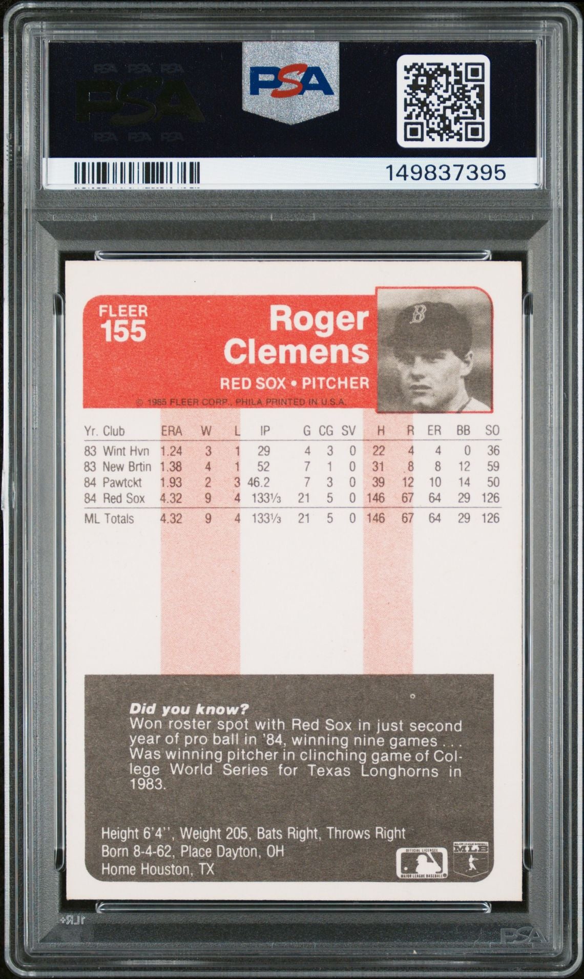Roger Clemens 1985 Fleer Boston Red Sox Signed Baseball RC Rookie Card #155 Graded PSA 7 Auto 9 Cert #149837395-Powers Sports Memorabilia