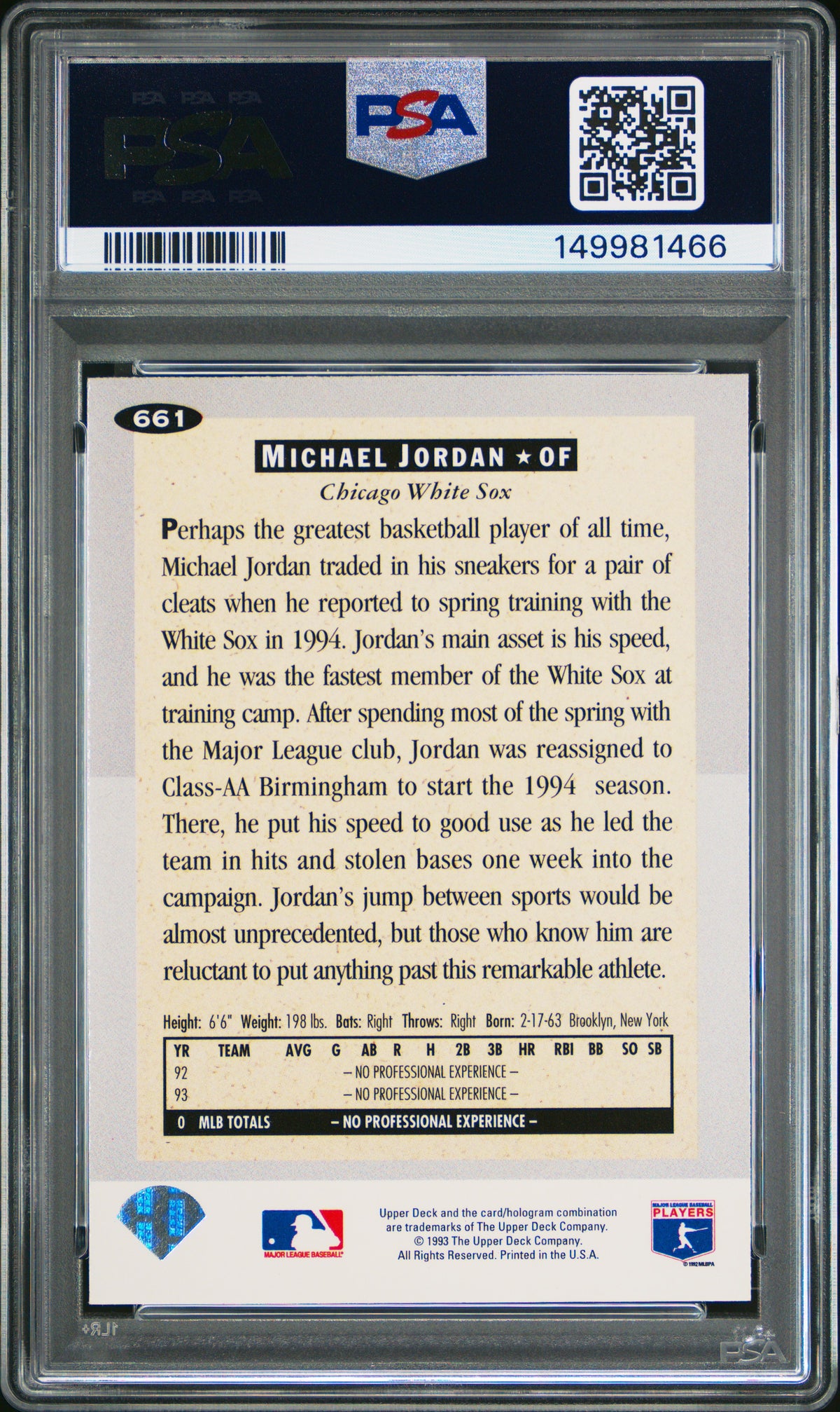 Michael Jordan 1994 Upper Deck Collector's Choice Chicago White Sox Baseball Card #661 Graded PSA 8 Cert #149981466-Powers Sports Memorabilia