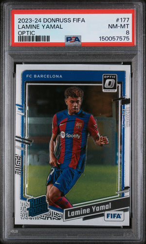 Lamine Yamal 2023-24 Donruss FIFA Optic Rated Rookie RC FC Barcelona Soccer Card #177 Graded PSA 8 Cert #150057575-Powers Sports Memorabilia