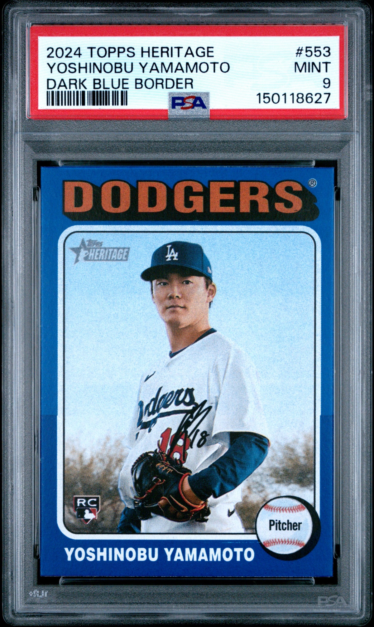 Yoshinobu Yamamoto 2024 Topps Heritage Dark Blue Border Los Angeles Dodgers Baseball RC Rookie Card #553 Graded PSA 9 Cert #150118627-Powers Sports Memorabilia
