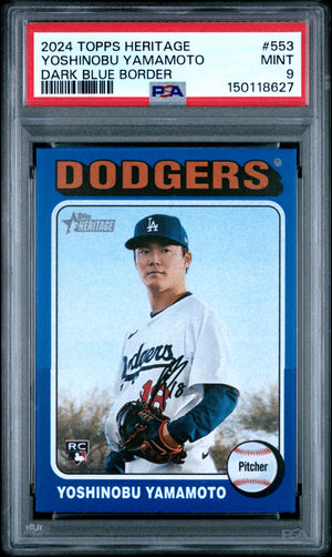 Yoshinobu Yamamoto 2024 Topps Heritage Dark Blue Border Los Angeles Dodgers Baseball RC Rookie Card #553 Graded PSA 9 Cert #150118627-Powers Sports Memorabilia