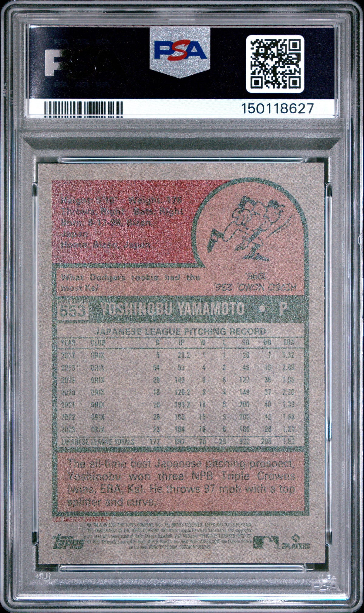 Yoshinobu Yamamoto 2024 Topps Heritage Dark Blue Border Los Angeles Dodgers Baseball RC Rookie Card #553 Graded PSA 9 Cert #150118627-Powers Sports Memorabilia