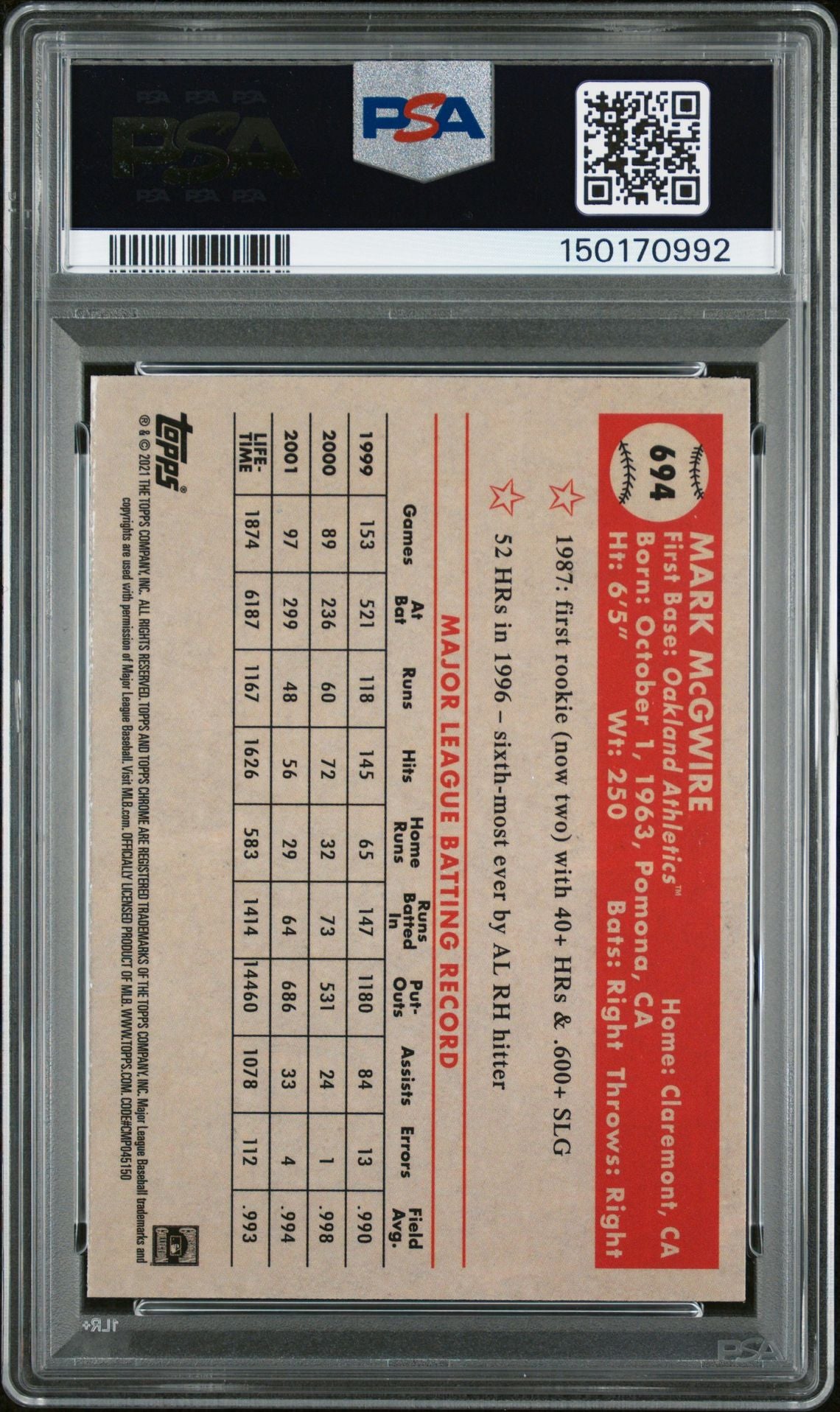 Mark McGwire 2021 Topps Chrome Platinum Anniversary Aqua Wave Refractor Signed Baseball Card #694 Graded PSA 10 Auto 10 Cert #150170992