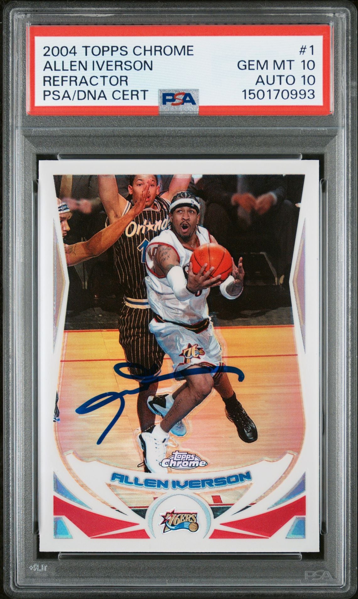 Allen Iverson 2004 Topps Chrome Refractor Signed Philadelphia 76ers Basketball Card #1 Graded PSA 10 Auto 10 Cert #150170993-Powers Sports Memorabilia