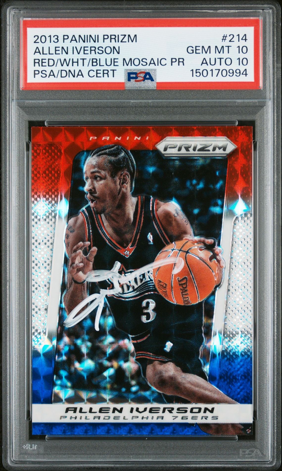 Allen Iverson 2013 Panini Prizm Red White Blue Mosaic Signed Philadelphia 76ers Basketball Card #214 Graded PSA 10 Auto 10 Cert #150170994