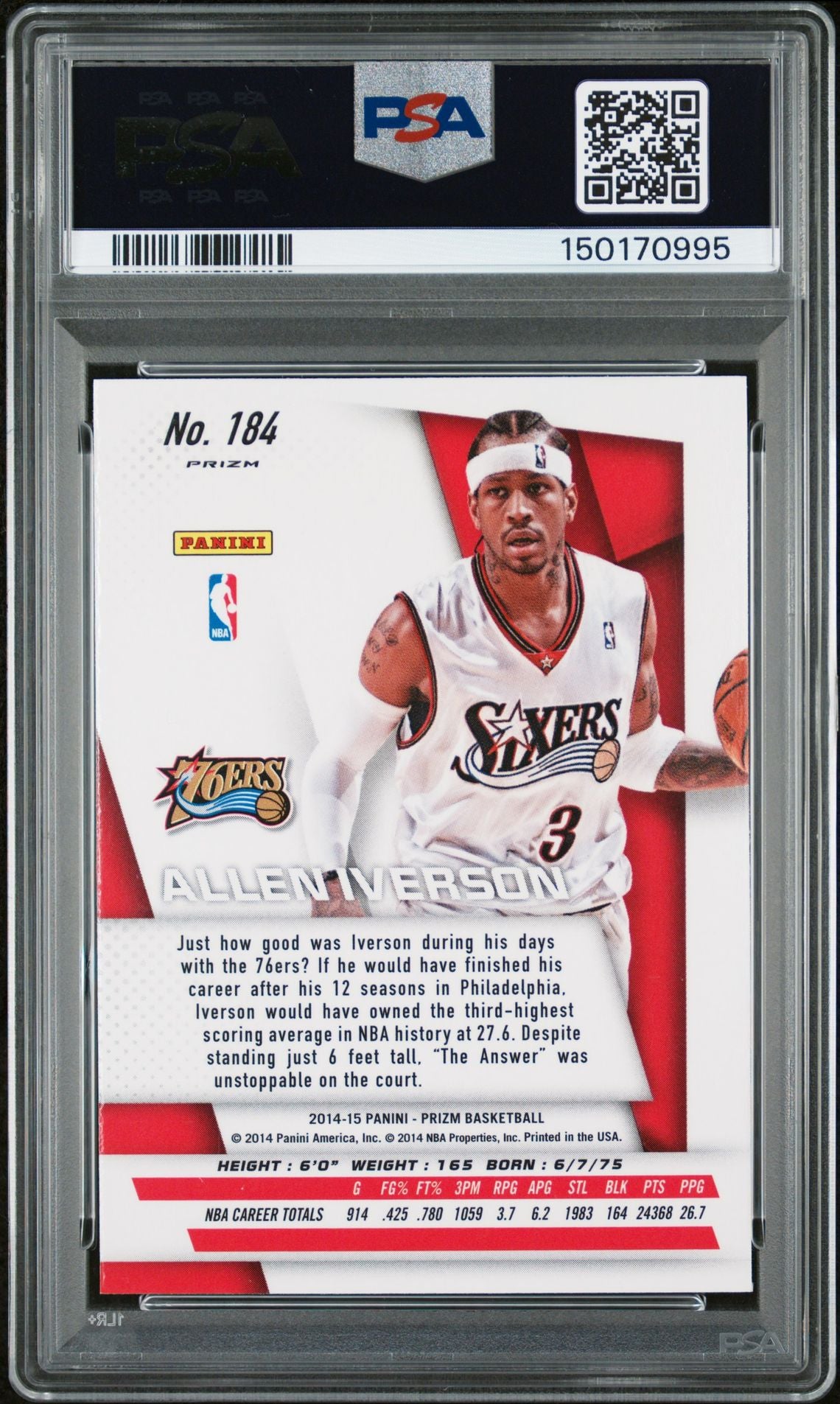 Allen Iverson 2014 Panini Prizm Red White Blue Pulsar Signed Philadelphia 76ers Basketball Card #184 Graded PSA 8 Auto 10 Cert #150170995