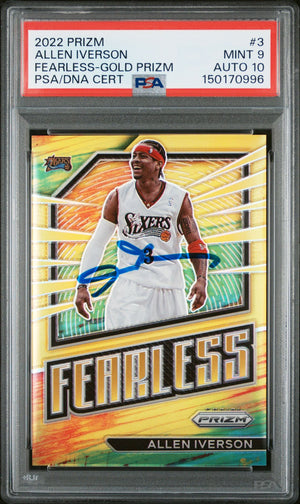 Allen Iverson 2022 Panini Prizm Fearless Gold Signed Philadelphia 76ers Basketball Card #3 Serial 1/10 Graded PSA 9 Auto 10 Cert #150170996