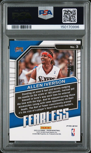 Allen Iverson 2022 Panini Prizm Fearless Gold Signed Philadelphia 76ers Basketball Card #3 Serial 1/10 Graded PSA 9 Auto 10 Cert #150170996