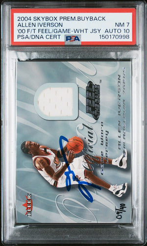 Allen Iverson 2004 SkyBox Premium Buyback Feel The Game White Game Worn Patch Jersey Memorabilia Basketball Signed Card Serial 9/40 Graded PSA 7 Auto 10 Cert #150170998-Powers Sports Memorabilia