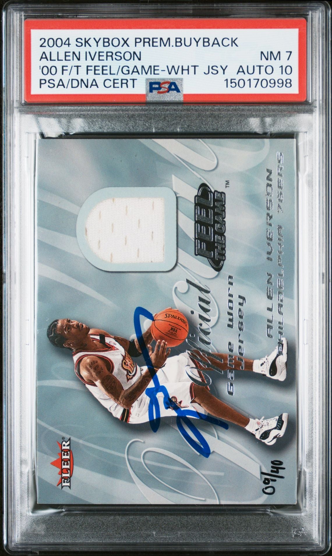 Allen Iverson 2004 SkyBox Premium Buyback Feel The Game White Game Worn Patch Jersey Memorabilia Basketball Signed Card Serial 9/40 Graded PSA 7 Auto 10 Cert #150170998