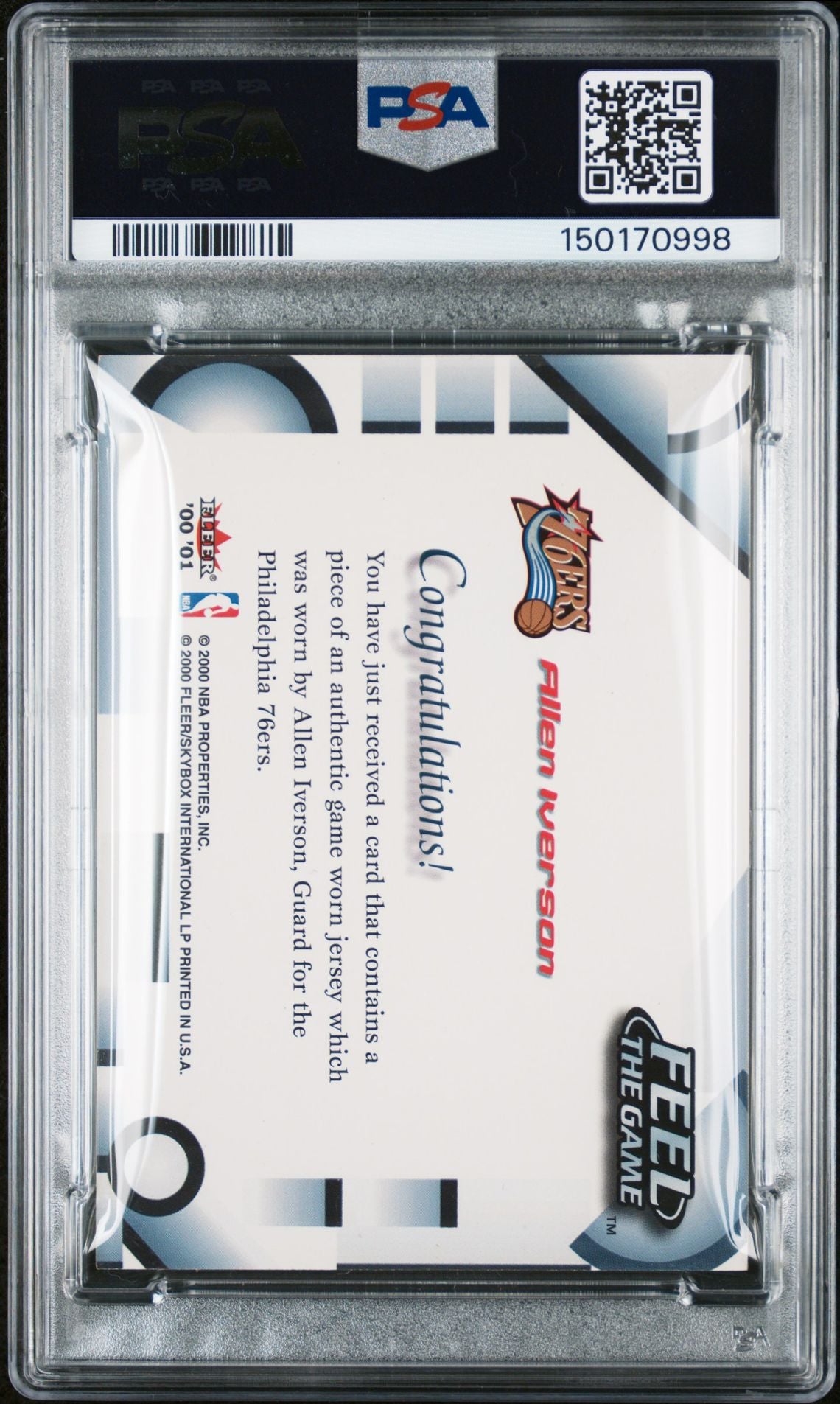 Allen Iverson 2004 SkyBox Premium Buyback Feel The Game White Game Worn Patch Jersey Memorabilia Basketball Signed Card Serial 9/40 Graded PSA 7 Auto 10 Cert #150170998