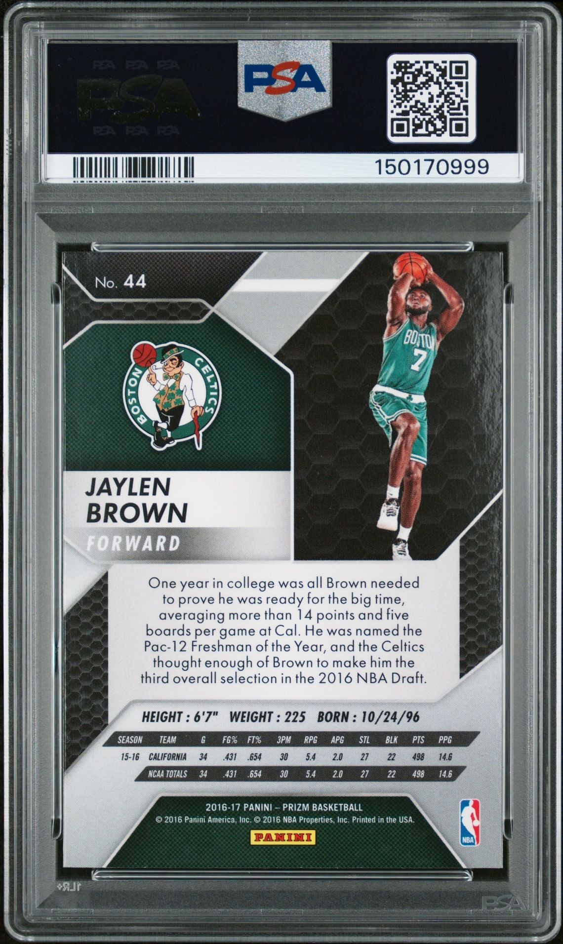 Jaylen Brown 2016 Panini Prizm Boston Celtics Signed Basketball RC Rookie Card #44 Graded PSA 9 Auto 10 Cert #150170999