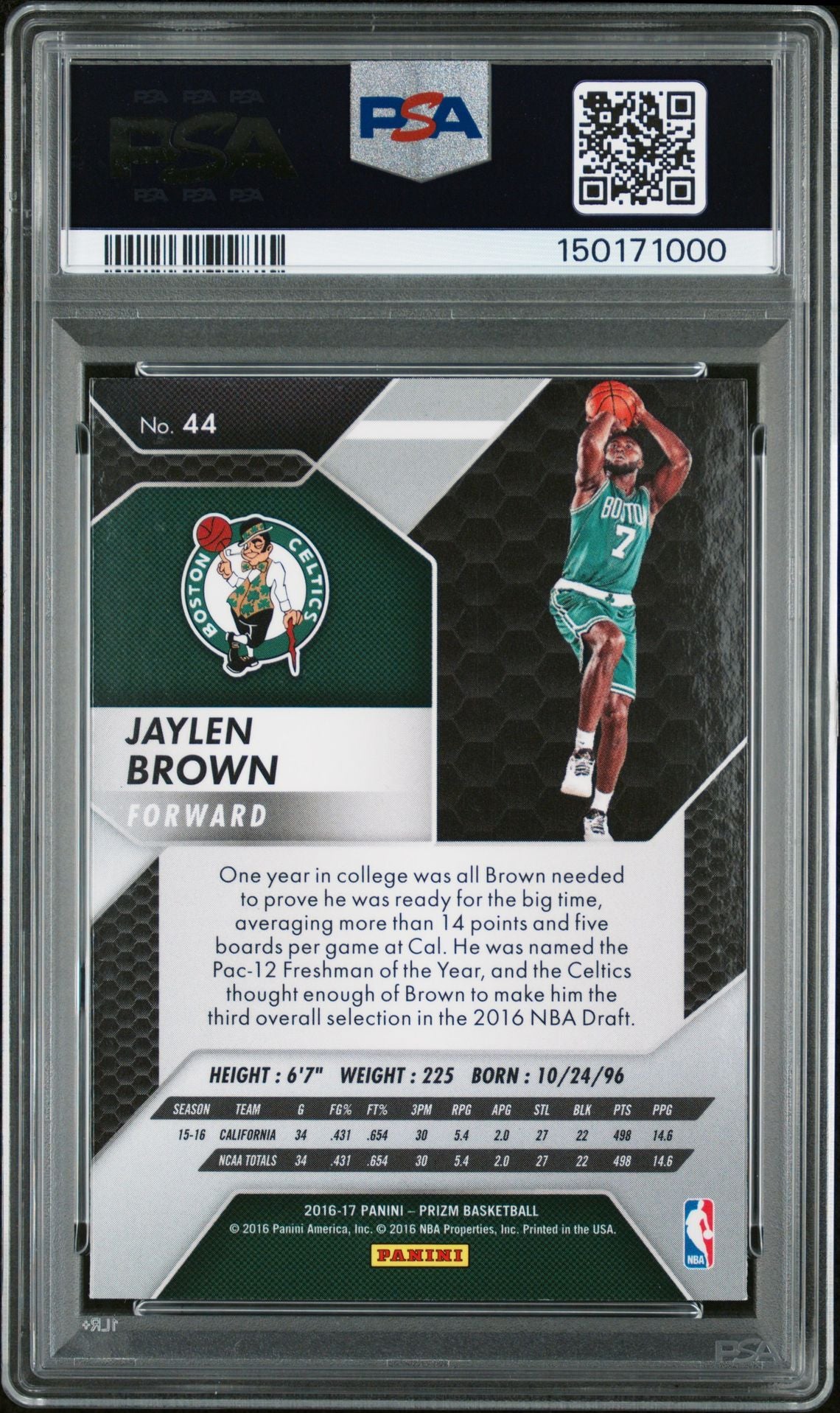 Jaylen Brown 2016 Panini Prizm Boston Celtics Signed Basketball RC Rookie Card #44 Graded PSA 10 Auto 10 Cert #150171000