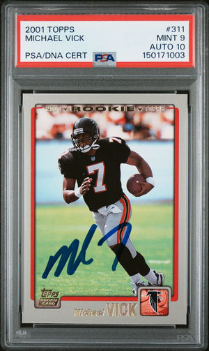 Michael Vick 2001 Topps Atlanta Falcons Signed Football RC Rookie Card #311 Graded PSA 9 Auto 10 Cert #150171003